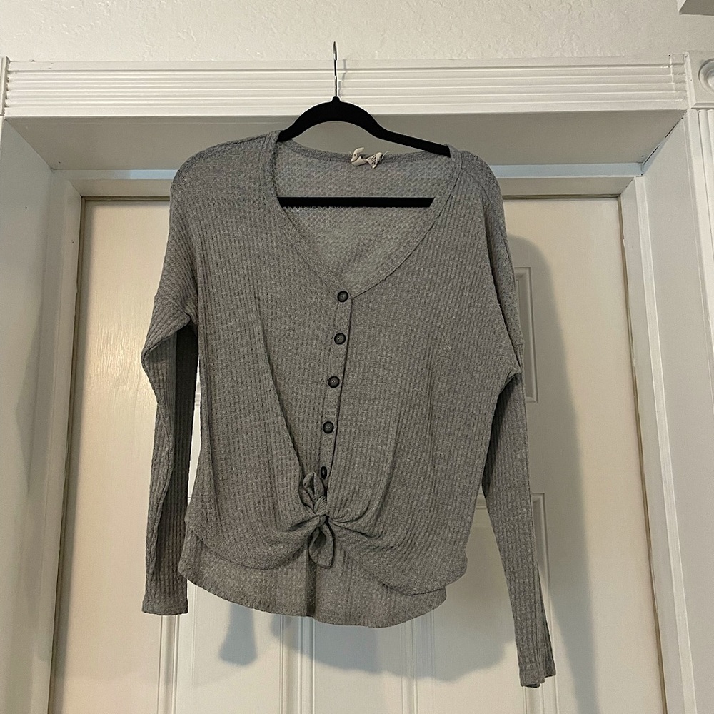 Grey Waffle Knit Button Up Sweater